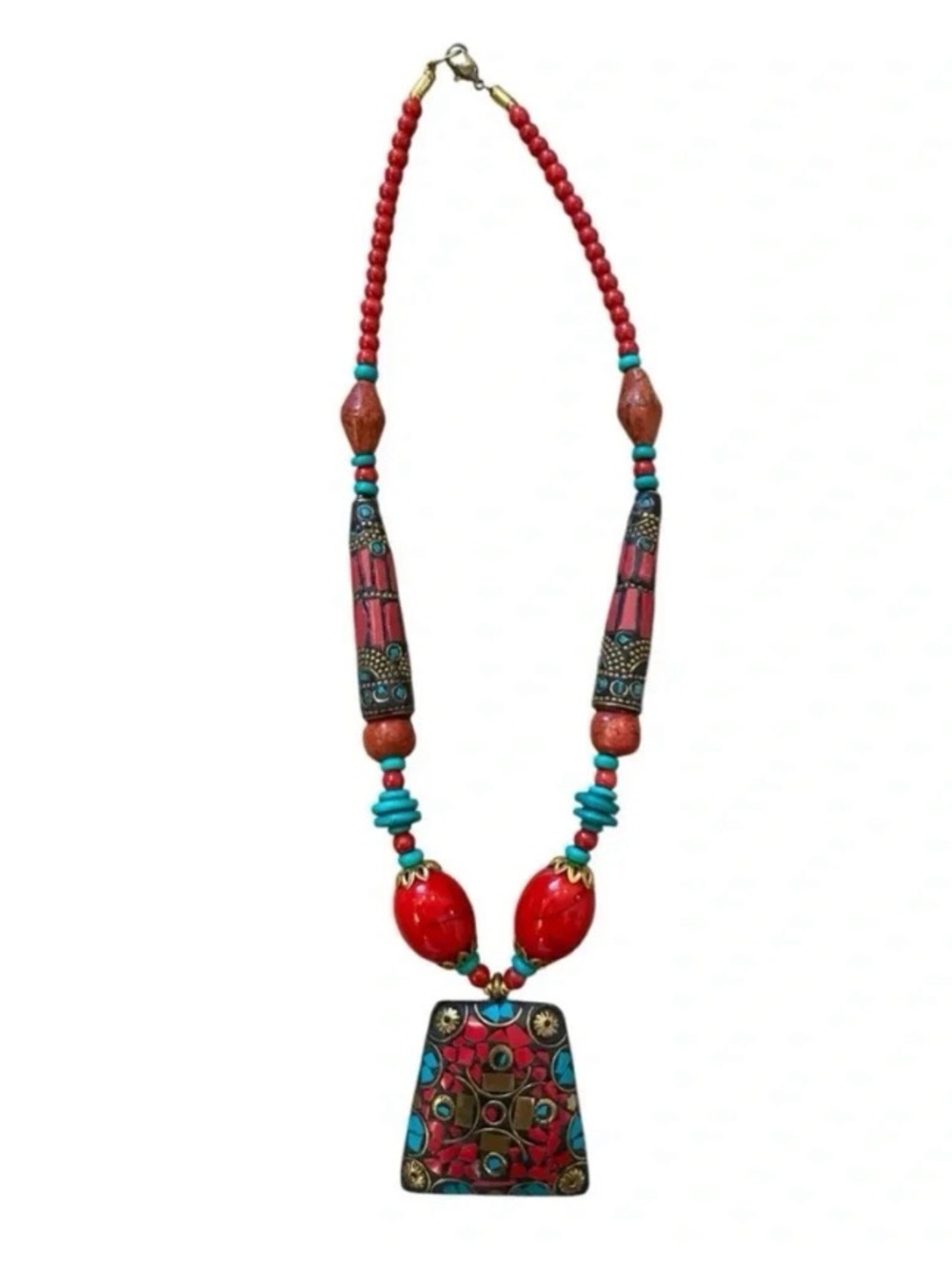 Vintage Womens Tibetan Tourquise Red Quarts Beaded Statement Necklace Boho